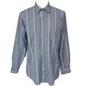 Sergio Louis Italy SZ M Black, Indigo & Teal Striped Men's Button Up Shirt